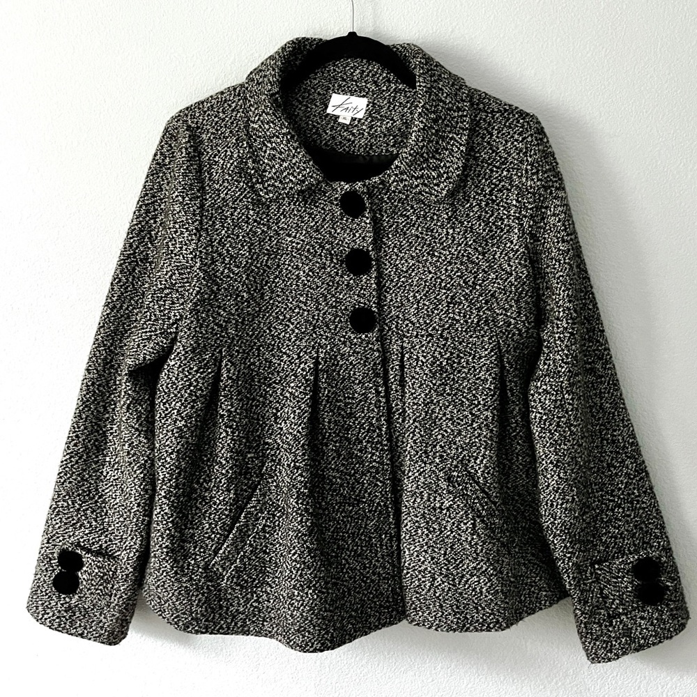 Kaity Grey Wool Blend Babydoll Coat with Velvet Buttons and Bow size XL